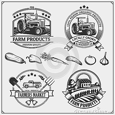 Set of farmers market emblems, logos and labels. Vector illustration. Vector Illustration