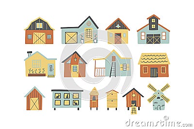 Set of farmhouses, barn,hive, mill isolated on a white background Vector Illustration