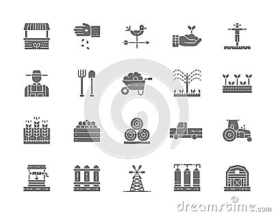 Set of Farming and Agriculture Grey Icons. Farmer, Tractor, Millwheel and more. Vector Illustration