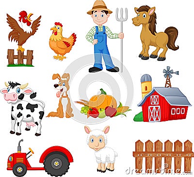 Set of farming cartoon with farmer, tractor, barn, animals, fruits and vegetables Vector Illustration