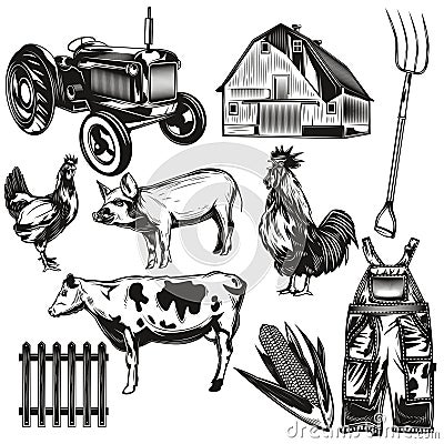 Set of farming elements for creating your own badges, logos, labels, posters etc. Isolated on white Vector Illustration