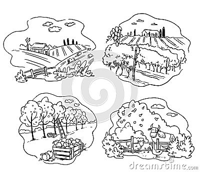 Set of farming icons, apple, cattle farm and vineyard vector illustration Vector Illustration