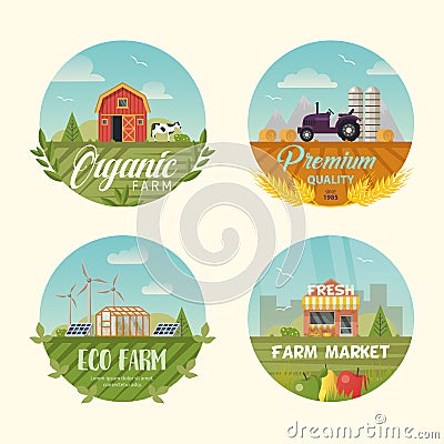 Set of farming logo or banners with barn Vector Illustration