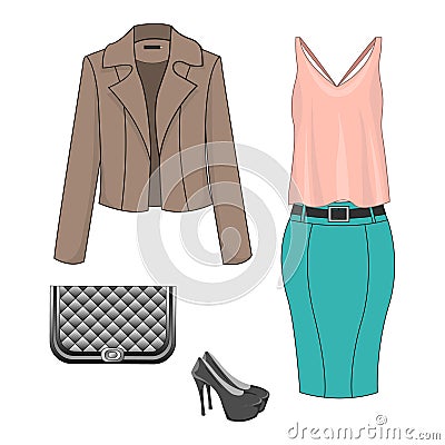 Set of fashion clothes for autumn, spring, summer season Vector Illustration