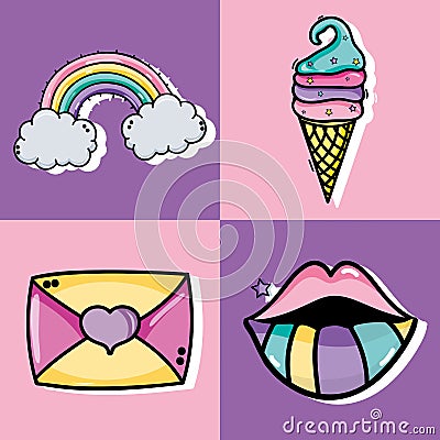 Set fashion cute patch decoration design Vector Illustration