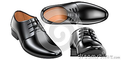 Set of a fashion elegant black men`s shoes. 3d render of leather male boots isolated on white background. For Stock Photo