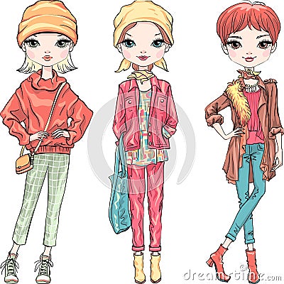 Set fashion girl in autumn clothes Vector Illustration