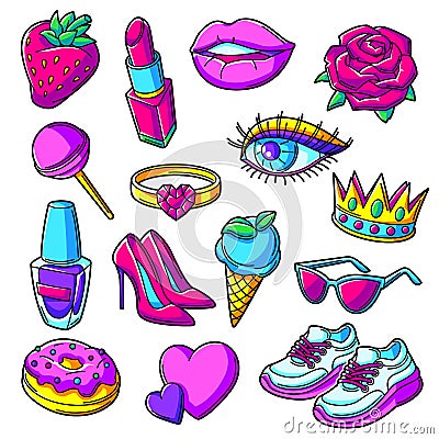 Set of fashion girlish patches. Colorful cute teenage illustration. Vector Illustration