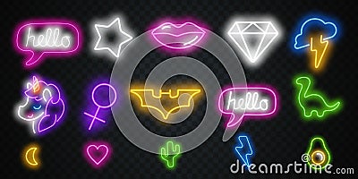 Vector Set fashion neon sign. Neon sign, bright signboard, light banner. Vector icons Vector Illustration