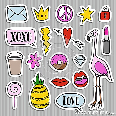 Set of fashion patches, badges, pins, stickers. Cool trendy hand drawn design. Isolated objects Vector Illustration