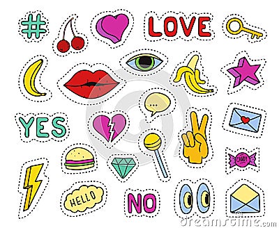 Set of fashion patches. Different badges and pins. Hearts, lips, cherry, banana, eye, key, lollipop, hashtags and Vector Illustration