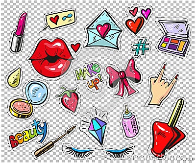 Set of fashion stickers, pins, patches in cartoon 80s-90s comic style. pop art Vector Illustration