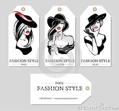Set of fashion tags with beautiful black and white women wearing hats, sketch style, Paris, London, Milan business card, beauty gi Cartoon Illustration