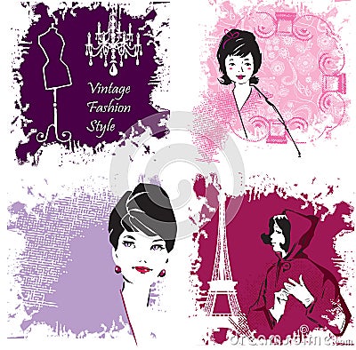 Set of Fashion Woman image retro cards Vector Illustration