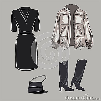 A set of fashionable beige jacket, black dress and boots. Basic wardrobe. Clothes, shoes, bags for every day. Vector isolated imag Vector Illustration