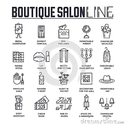 Set of fashionable boutique interior thin line icons. Vector Illustration
