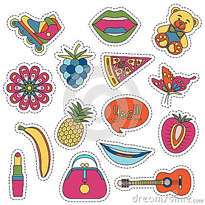 Set of fashionable cute patches elements Vector Illustration