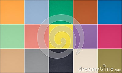 Set of fashionable pantone 10 trendy colors and 5 classic neutral colors of spring-summer 2021 season. Texture of colored paper Stock Photo