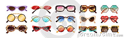 Set of fashionable sunglasses different shape and color vector illustration. Collection of modern and vintage Vector Illustration