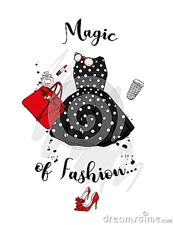 A set of fashionable women`s clothing and accessories. Dress, bag, shoes with heels, lipstick, perfume and glasses. Vector Illustration