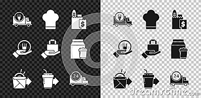 Set Fast delivery by car, Chef hat, Online ordering and, noodles, Coffee cup to go, and icon. Vector Vector Illustration