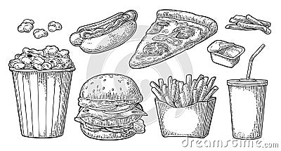 Set fast food. Glass of cola, hamburger, pizza, hotdog, fries potato in paper box, carton bucket full popcorn Vector Illustration