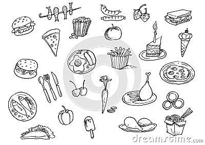 Set with fast food hand drawn doodle. Vector Illustration