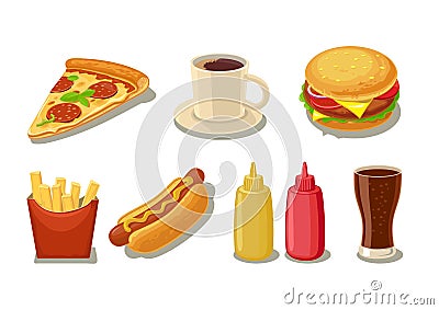 Set fast food icon. Glass of cola, hamburger, pizza, hotdog, cup coffee, fries potato in red paper box, bottles of ketchup and mus Vector Illustration