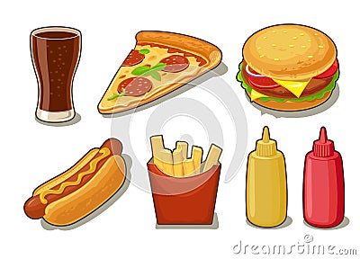 Set fast food icon. Glass of cola, hamburger, pizza, hotdog, fries potato in red paper box, bottles of ketchup Vector Illustration