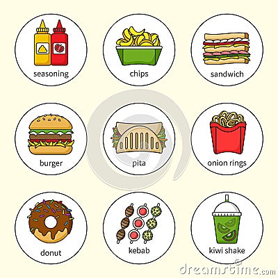 Set of fast food icons. Drinks, snacks and sweets. Colorful outlined icon collection. Vector Illustration