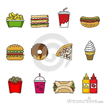 Set of fast food icons. Drinks, snacks and sweets. Colorful outlined icon collection. Vector Illustration