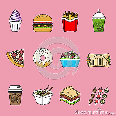 Set of fast food icons. Drinks, snacks and sweets. Colorful outlined icon collection. Vector Illustration