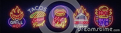 Set Fast Food Logos. Collection neon signs, Street Food Hot Grill, Tacos, Hot Dog, Burger cafe, Restaurant. Design Vector Illustration