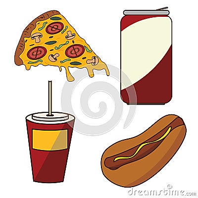 A set of fast food. Pizza, cola, drink and hot dog Vector Illustration