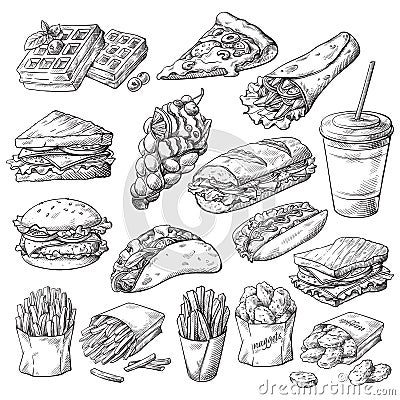 Set with fast food products Vector Illustration