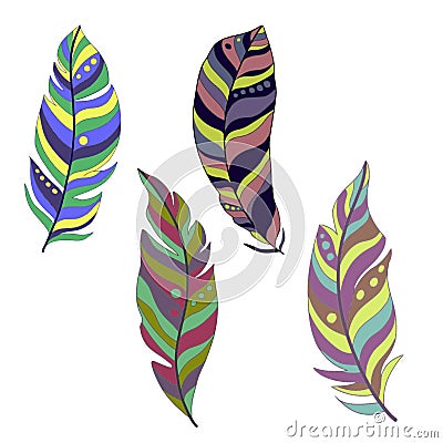 set of feather icons. Realistic set of magical tribal bird feathers for web design, printing, postcards, isolated Stock Photo