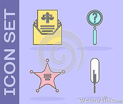 Set Feather pen, Subpoena, Hexagram sheriff and Magnifying glass with search icon. Vector Vector Illustration