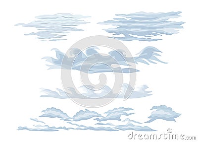 Set of feather steam clouds. Wavy, sparse cirrus clouds. Vector Illustration