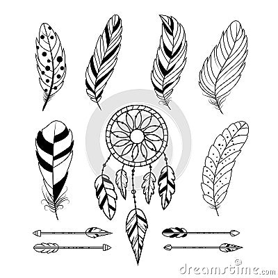 Set of feathers, arrows and dream catcher. Vector Illustration