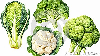 a set featuring broccoli, white cabbage, and cauliflower Stock Photo