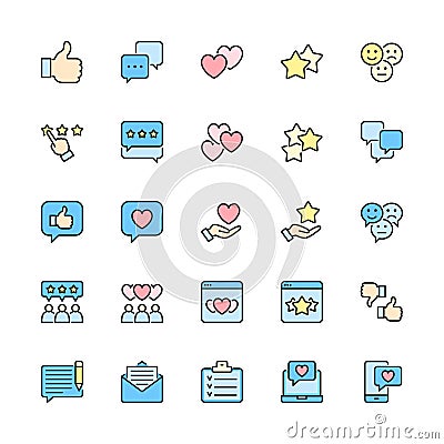 Set of Feedback Flat Color Line Icons. Thumb Up, Like, Dislike, Hearts and more. Vector Illustration