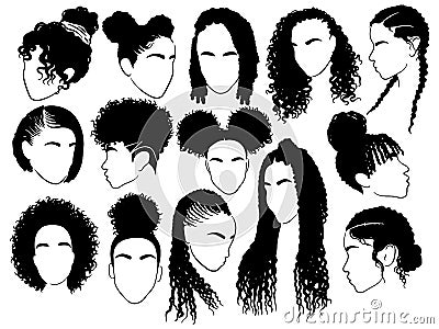 Set of female afro hairstyles. Collection of dreads and afro braids for a girl. Black and white illustration for a Vector Illustration