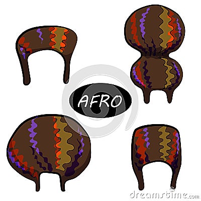 Set of female afro hairstyles. Collection of dreads and afro braids for a girl. Wavy hair, curls, dreadlocks. Flat style Vector Illustration