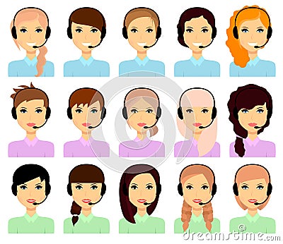 Set of female avatars in headphones. Vector Illustration