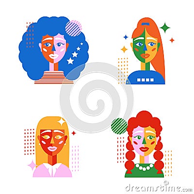 Set of female avatars in the style of geometry. Abstract female faces with different shapes on white background. Stock Photo