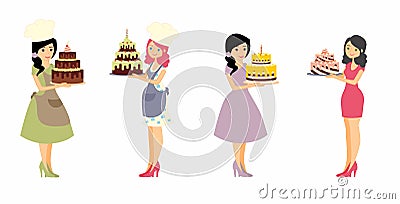 Set of female characters with a cake. Beautiful housewife, woman master baker holding a delicious pie. Vector Illustration