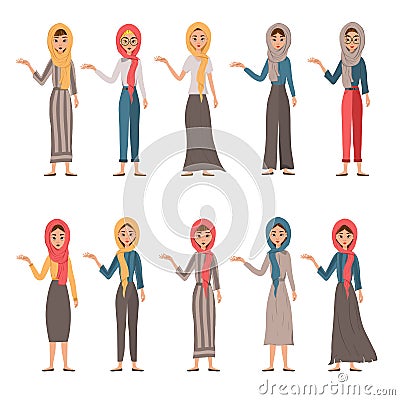 Set of female characters. Girls points to the right hand to the side. Vector illustration Cartoon Illustration