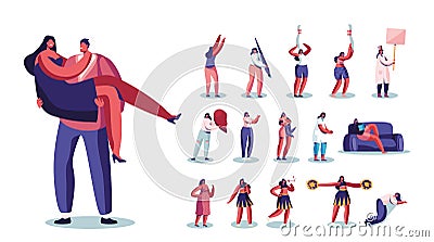 Set of Female Characters Playing Bowling, Paint with Huge Brush, Hugging Child, Hold Half of Heart, Reading Book, Sleep Vector Illustration