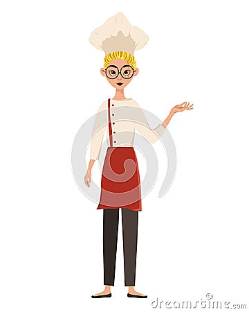 Set of female characters. Woman cook points to the hand to the side. Vector illustration Cartoon Illustration