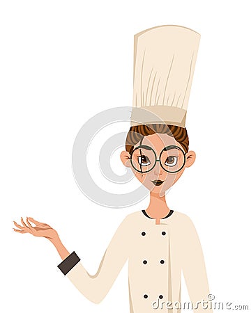 Set of female characters. Woman cook points to the hand to the side. Vector illustration Cartoon Illustration